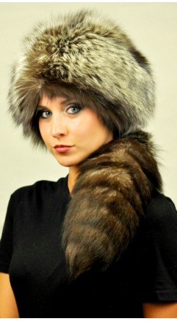 Silver fox fur hat with tail